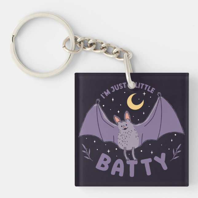 I'm Just A Little Batty Funny Halloween Bat Pun Keychain (Front)