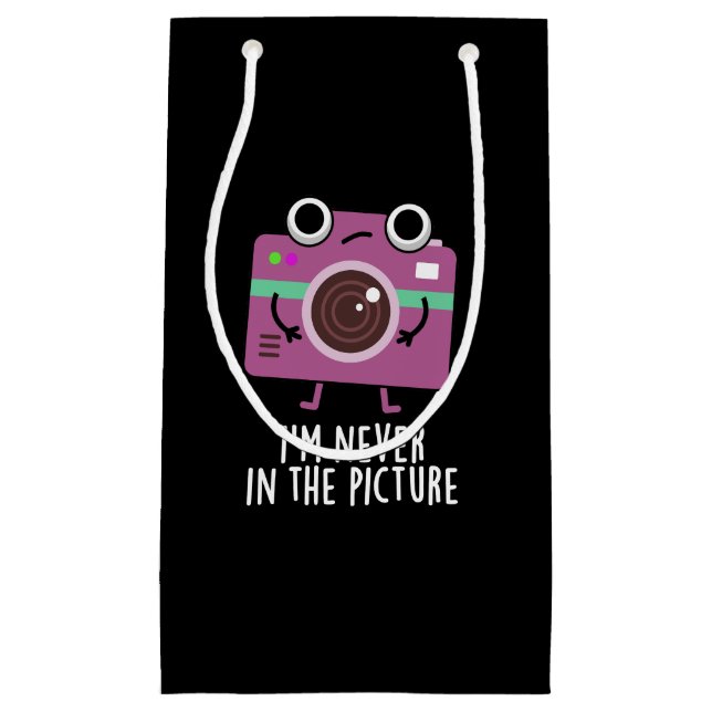 I'm Never In The Picture Funny Camera Pun Dark BG Small Gift Bag (Front)