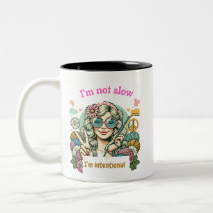 "I'm not slow, I'm intentional - Retro knitting hu Two-Tone Coffee Mug