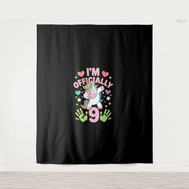 I'm Officially 9 Unicorn Dabbing 9th Birthday Girl Tapestry (Front)
