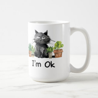 i'm ok funny black cat with plants coffee mug