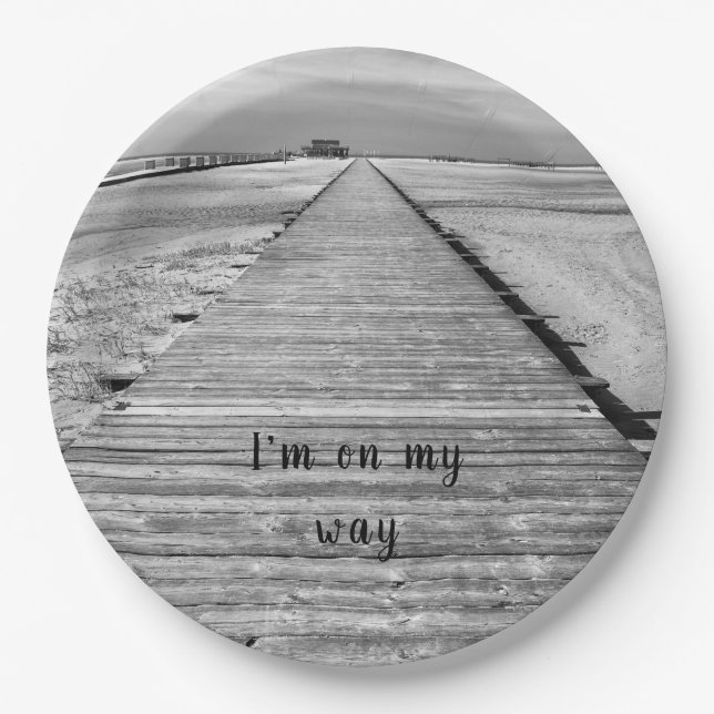 I'm on my way to the beach black and white photo paper plate (Front)