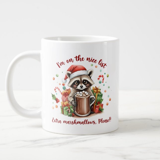 "I'm On The Nice List" Raccoon Christmas Large Coffee Mug (Left)