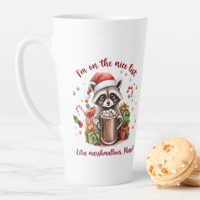 "I'm On The Nice List" Raccoon Christmas Latte Mug (In Situ)