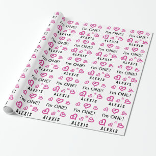 I'm ONE Cute Pink Hearts Custom Name 1 Year Old CZ Wrapping Paper