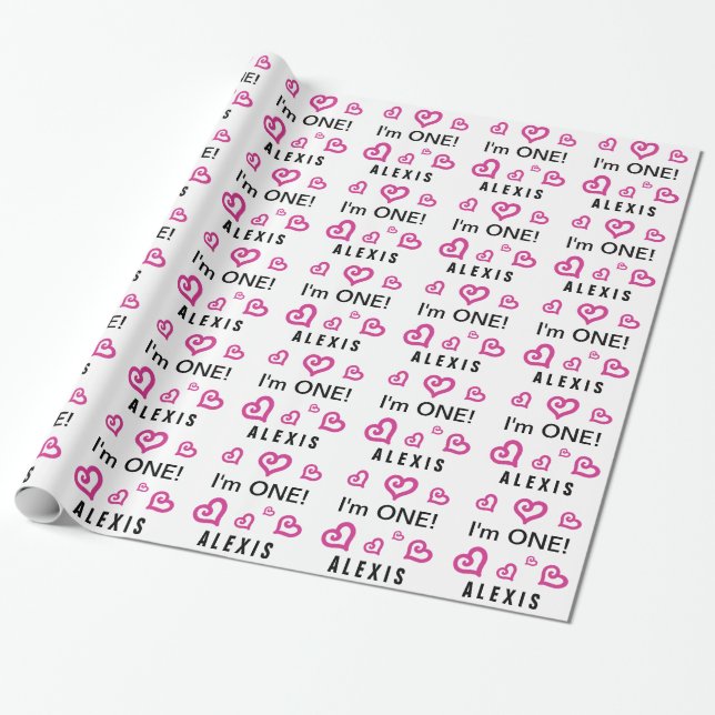 I'm ONE Cute Pink Hearts Custom Name 1 Year Old CZ Wrapping Paper (Unrolled)