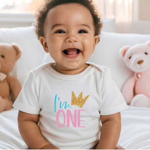 I'm one Gold glitter crown first birthday t-shirt Baby Bodysuit