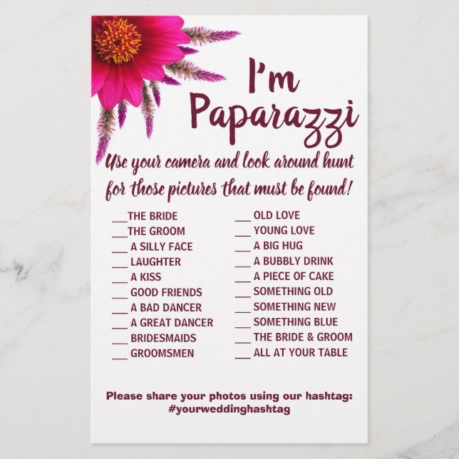 I'm paparazzi Game Card Purple Flower Wedding (Front)