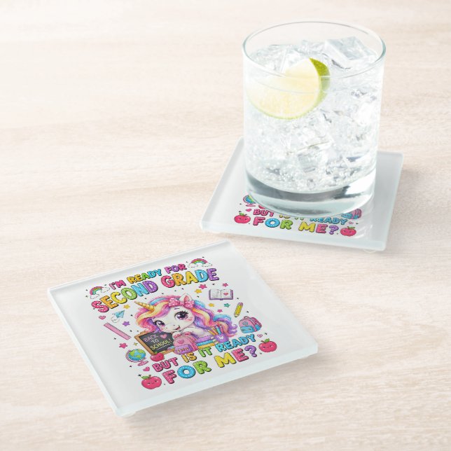 Im Ready for Second Grade Unicorn First Day Glass Coaster (Angled)