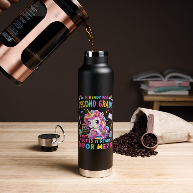 Im Ready for Second Grade Unicorn First Day Water Bottle (Coffee (Rotated))
