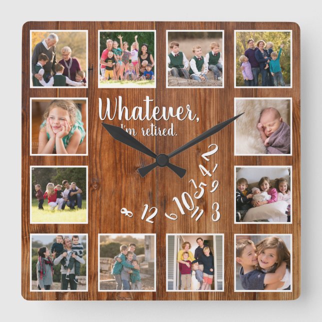 I'm Retired Photo Collage Rustic Wood Retirement Square Wall Clock (Front)