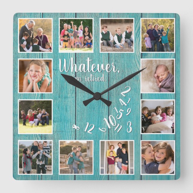 I'm Retired Photo Collage Rustic Wood Retirement Square Wall Clock (Front)