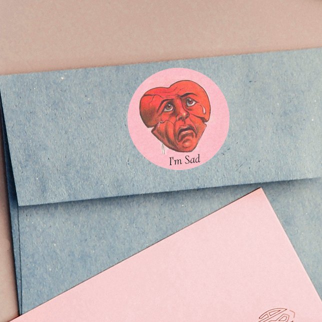 I'm Sad Crying Heart Face Classic Round Sticker (Red heart with sad crying face on light pink round stickers.)