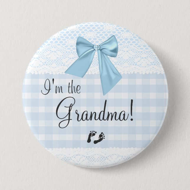 I'm The Grandma Blue Gingham and Bow White Lace 3 Inch Round Button (Front)