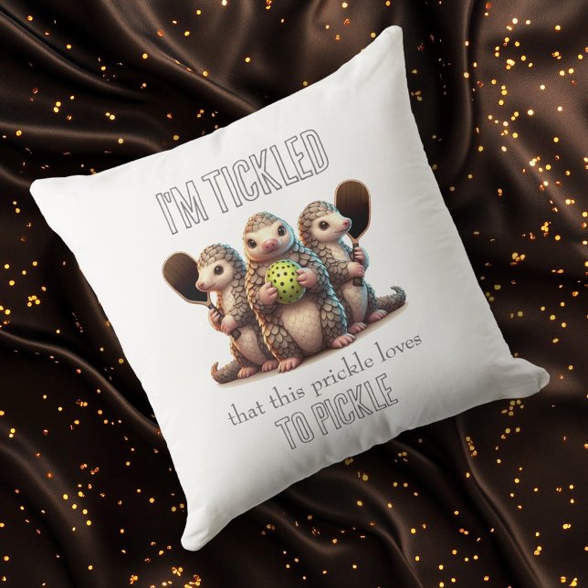I'm Tickled that This Prickle Loves to Pickle Throw Pillow (Pickleballing Pangolins Square Throw Pillow Cover Photo)