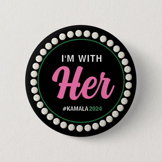 I'M WITH HER 2024 Campaign Button (Pink Green) (Front)