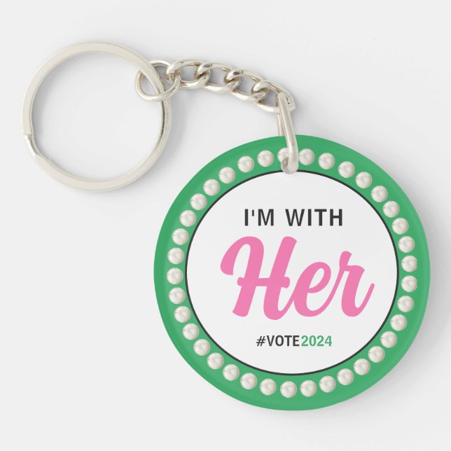 I'M WITH HER 2024 Pearls & Clover (Pink Green) Keychain (Front)