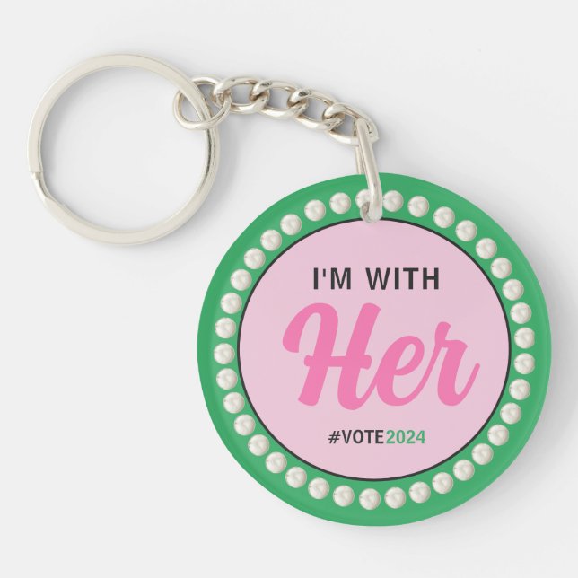 I'M WITH HER 2024 Pearls & Clover (Pink Green) Keychain (Front)