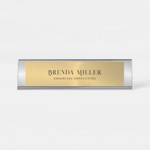 Image of a metallic gold background silver accent desk name plate