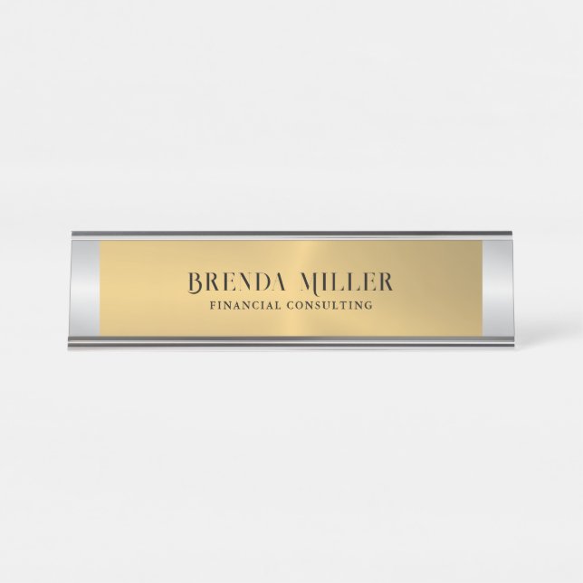 Image of a metallic gold background silver accent desk name plate (Front)