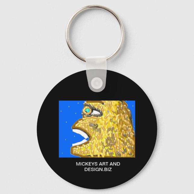 Image of an apes head, with yellow hair, big smile keychain (Front)
