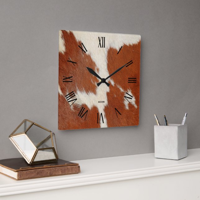 Image of brown and white cowhide square wall clock (Office)