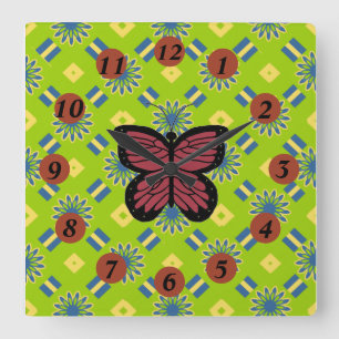 Image of Red Black Butterfly on Abstract Pattern Square Wall Clock