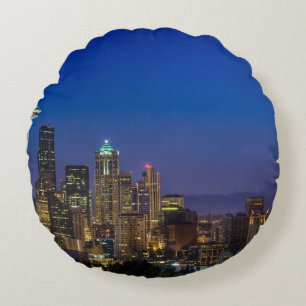 Image of Seattle Skyline in morning hours. Round Pillow