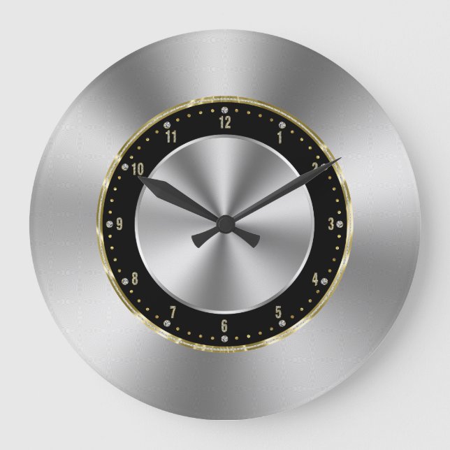 Image of Shiny Faux Silver-Grey Stainless Steel Large Clock (Front)