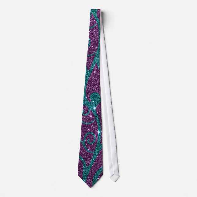 Image of swirly purple and turquoise glitter tie (Front)