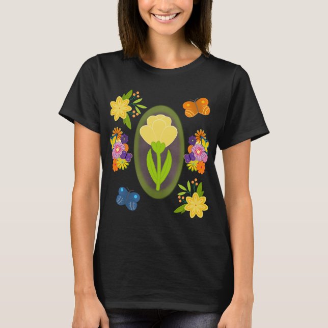 Image of Yellow Tulip with Flowers and Butterflies T-Shirt (Front)