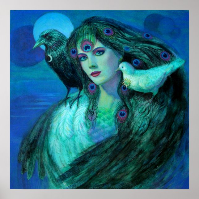 Imaginaire Art Poster Peacock Plume Lady birds cro (Devant)