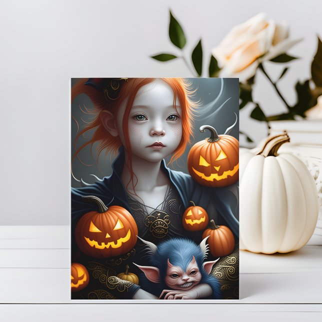 Imaginaire Art Young Demon et Pet Halloween Carte  (👹🎃 Demonic Charm: Halloween Fantasy Art Postcard! 🌙)