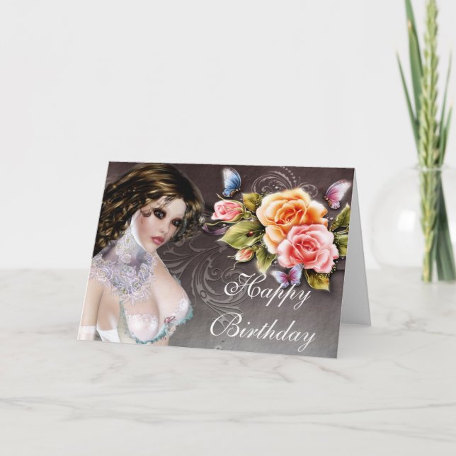 Imaginaire Brunette avec carte d'anniversaire Rose (Devant)