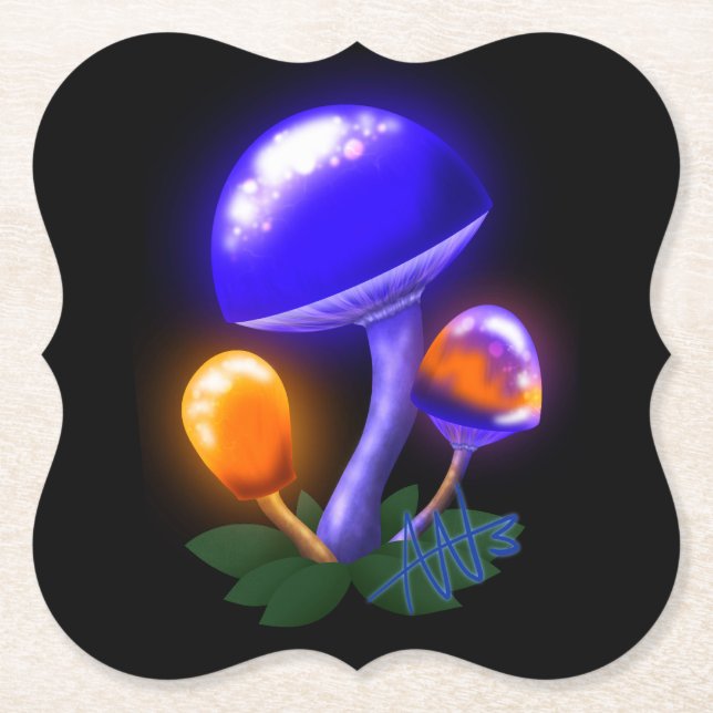 Imaginary White Dapperling Orange & Blue Mushroom Paper Coaster (Front)