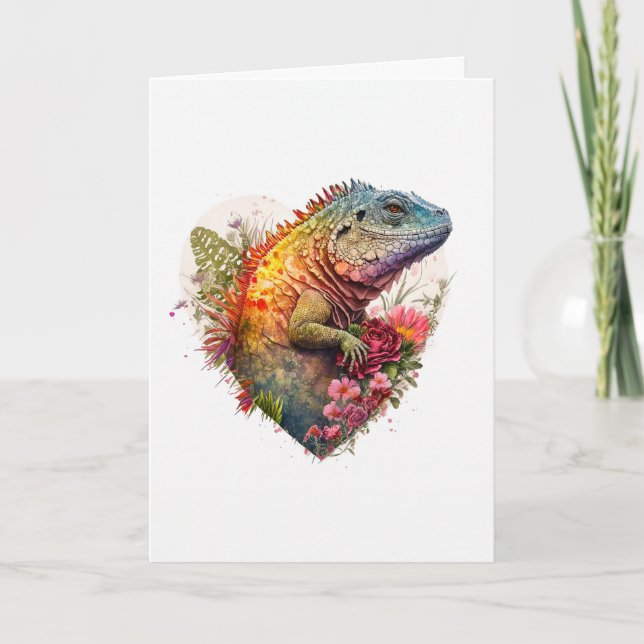 Imaginative Iguana with Flowers Valentine's Day Holiday Card (Front)