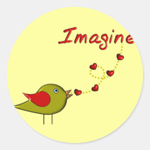 "Imagine" Bird and Hearts Design Classic Round Sticker