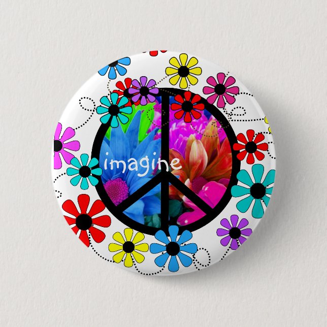 Imagine Peace Symbol and Retro Flowers 2 Inch Round Button (Front)