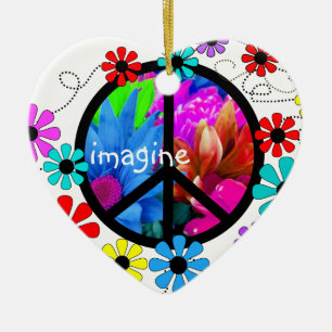 Imagine Peace Symbol and Retro Flowers Ceramic Ornament