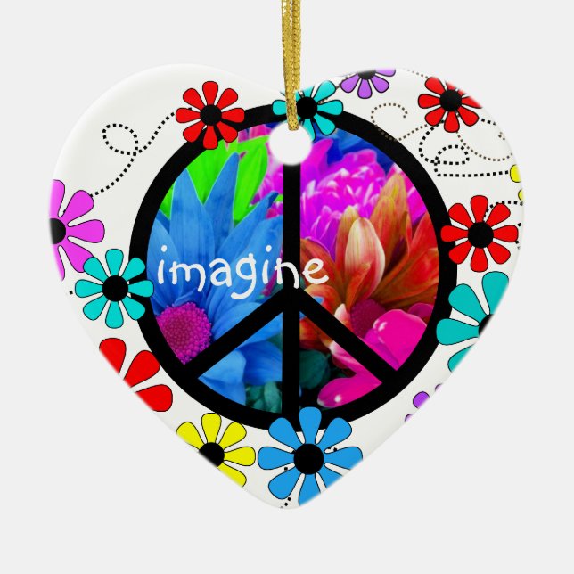 Imagine Peace Symbol and Retro Flowers Ceramic Ornament (Front)