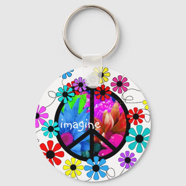 Imagine Peace Symbol and Retro Flowers Keychain (Front)
