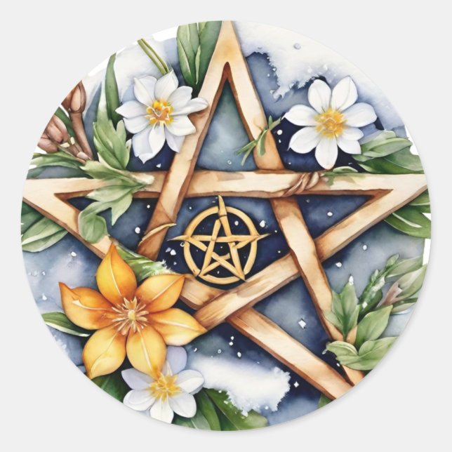 Imbolc Floral Snowy Pentacle Wiccan Holiday Classic Round Sticker (Front)