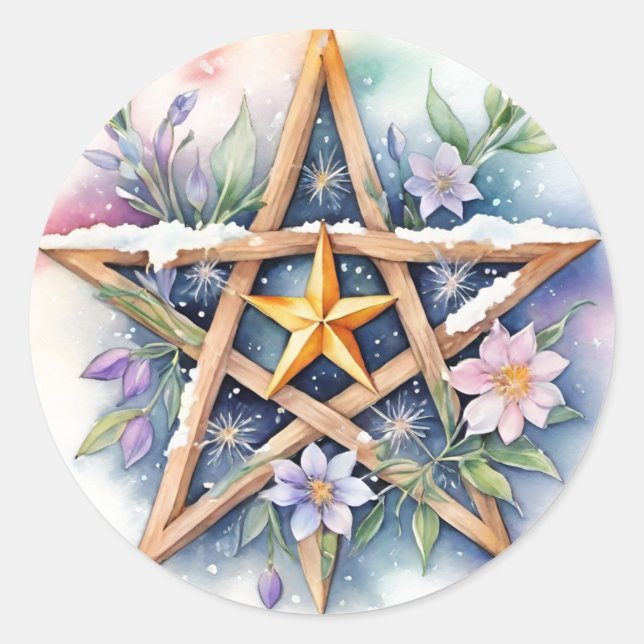 Imbolc Floral Snowy Pentacle Wiccan Holiday Classic Round Sticker (Front)