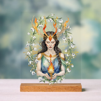Imbolc Wiccan Goddess Flame & Golden Snowflake Acrylic Sign
