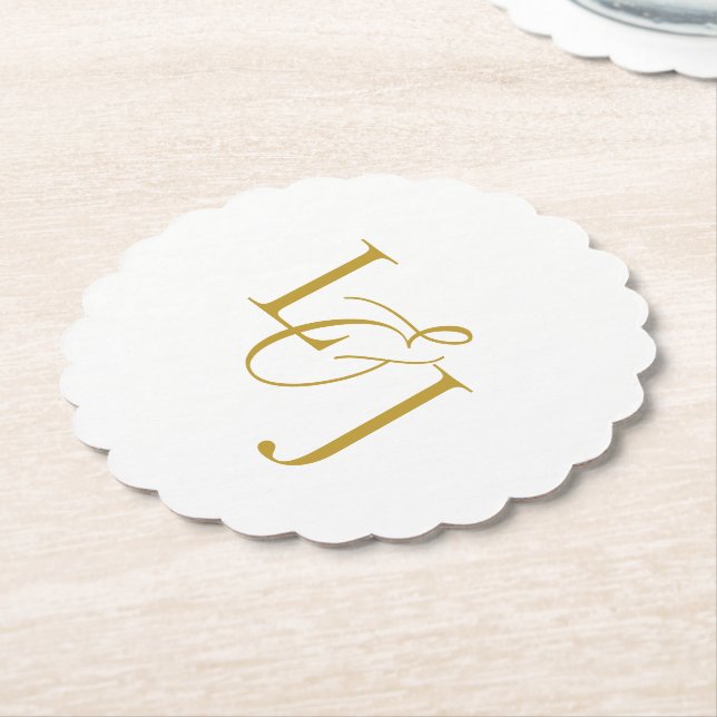 Imitation Gold Couple Initials Monogram Wedding Paper Coaster (Angled)