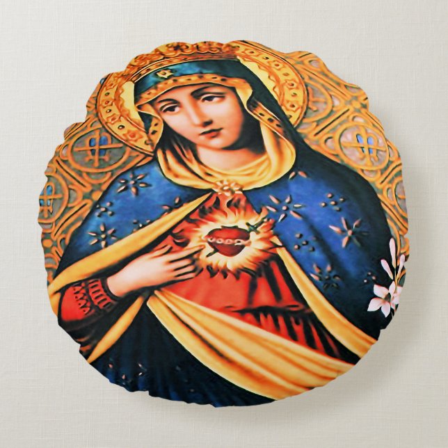 Immaculate Heart of Mary Round Pillow (Front)