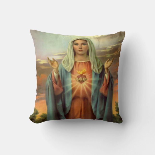 Immaculate Heart Virgin Mary Flame Roses Throw Pillow (Front)