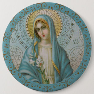 Immaculate Virgin Mary with lily Gold Decor border 6 Inch Round Button