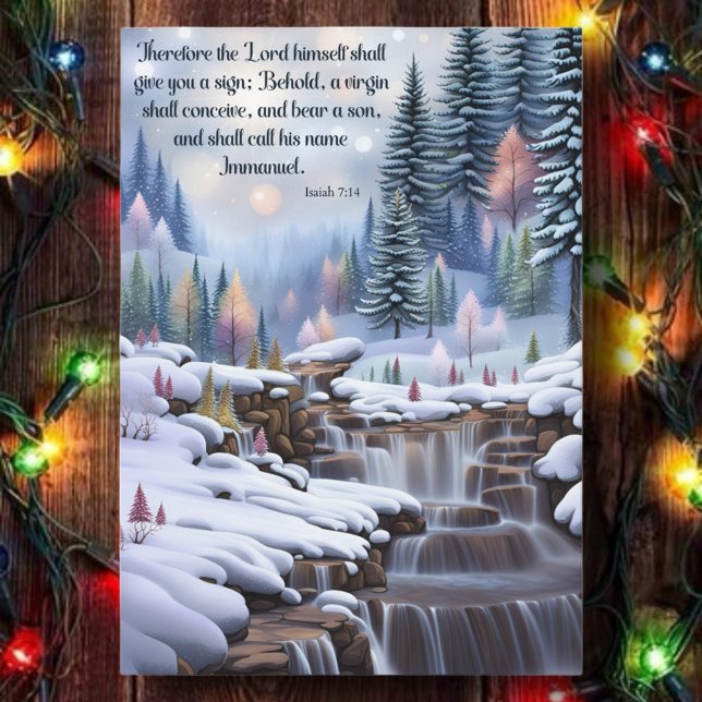 Immanuel Bible Verse Winter Woodlands Waterfalls  Holiday Card (Creator Uploaded)