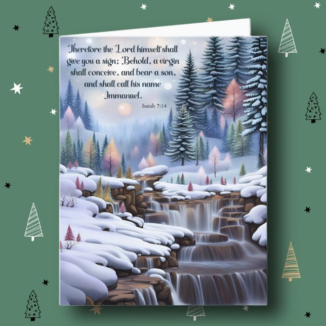 Immanuel Bible Verse Winter Woodlands Waterfalls  Holiday Card (Creator Uploaded)